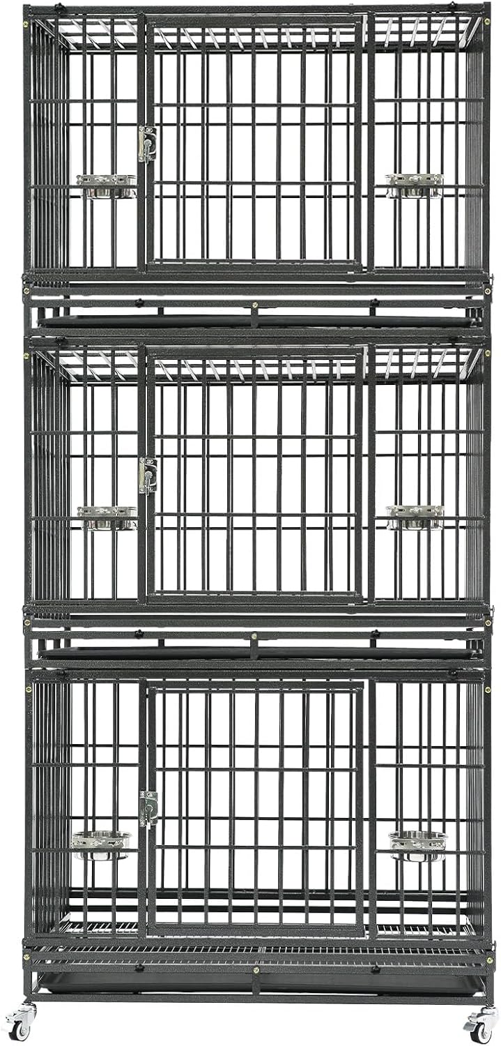 Homey Pet Three Tiers 43 inch Heavy Duty Dog Crate with Wheels, Dual Doors | Stackable Indestructible Steel Dog Cage Kennel Indoor with Divider, Trays, Bowls, Escape Proof Locks for Breeders and More
