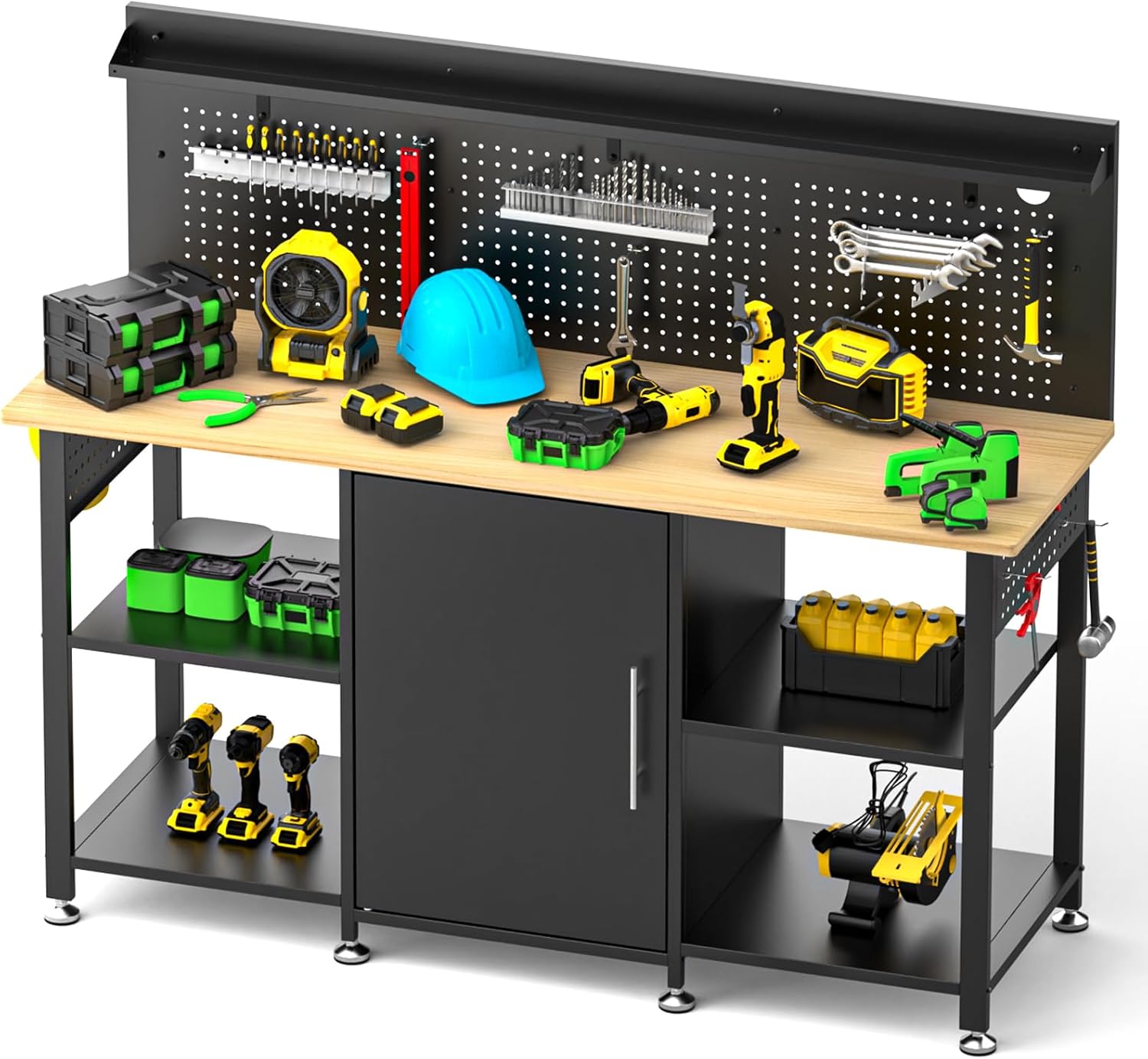 60 Inch Heavy Duty Workbench with Storage Cabinet, Wooden Top, 2000 lbs Capacity, Garage Work Table with Pegboard, Power Outlet, Leveling Feet, Black
