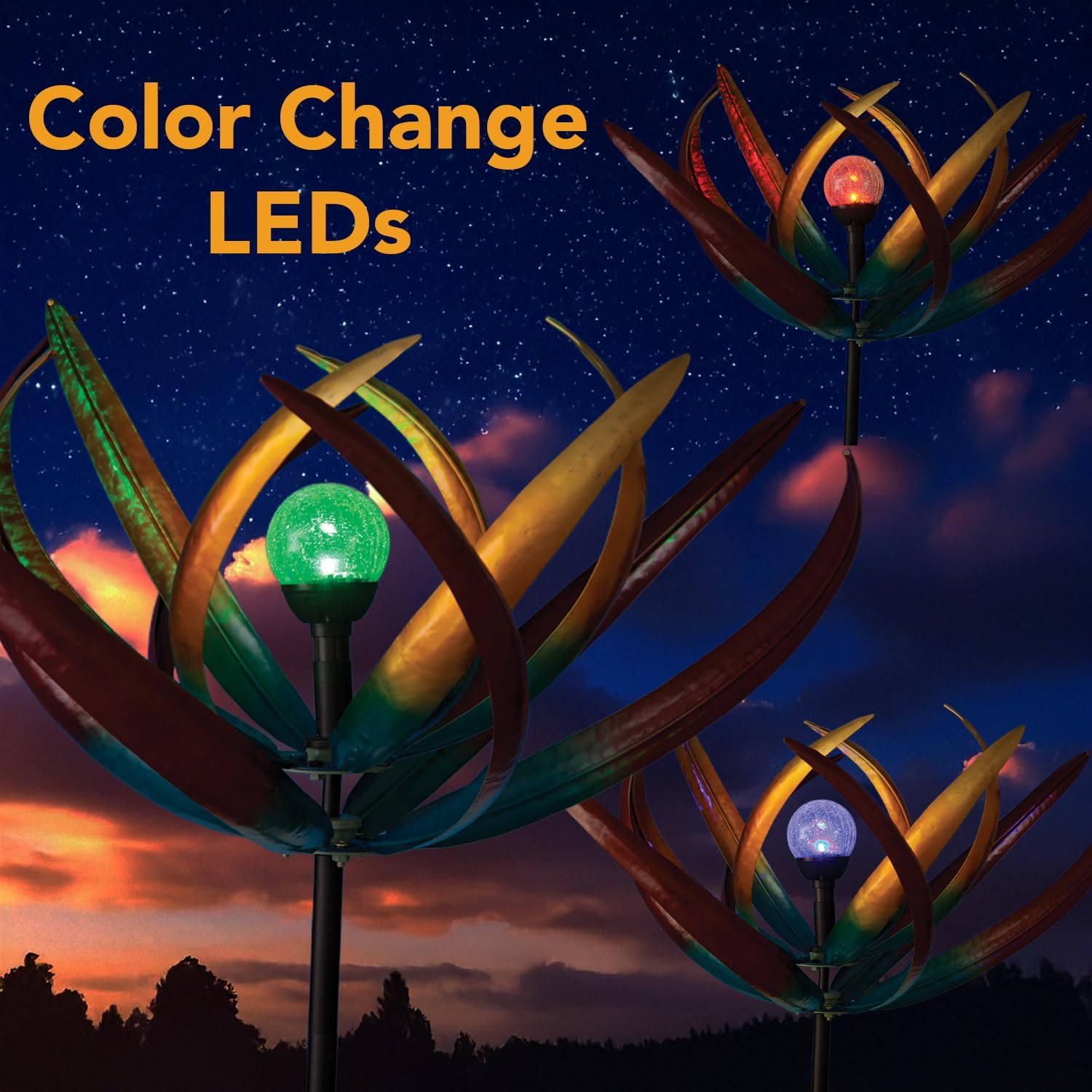 Bits and Pieces Tulip Wind Spinners Outdoor Solar Lighted Metal Wind Spinner, Large Kinetic Garden Sculptures, Crackle Glass Light