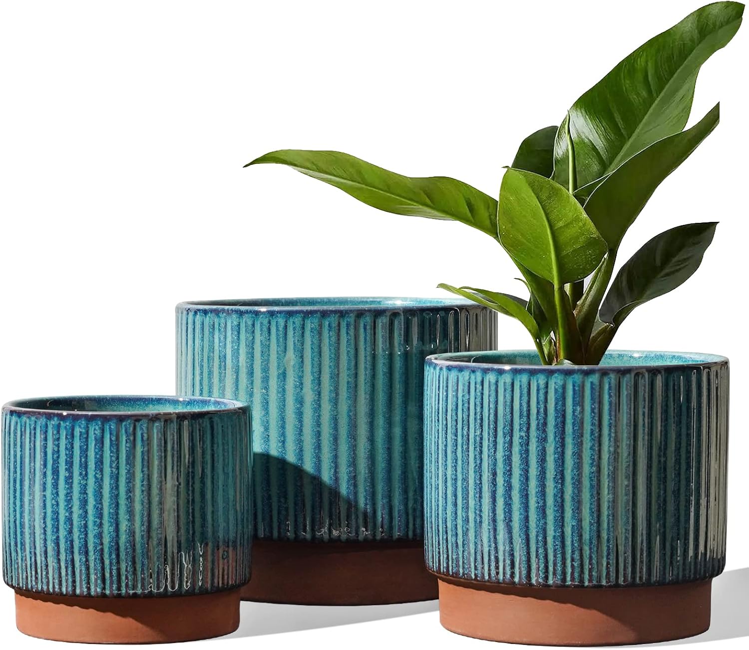 LE TAUCI Ceramic Plant Pots with Drainage Holes, Set of 3, 8+6.7+5.5 Inch Stripe Garden Planter Pots for Outdoor Indoor Plants Flower
