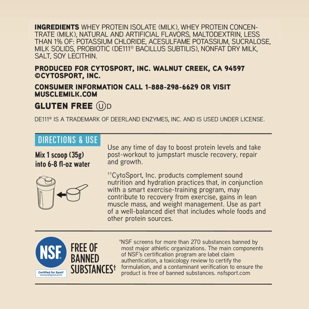 Muscle Milk 100% Whey Protein Powder, Vanilla, 5 Pound, 68 Servings, 25g Protein, 2g Sugar, Low in Fat, NSF Certified for Sport, Energizing Snack, Workout Recovery, Packaging May Vary