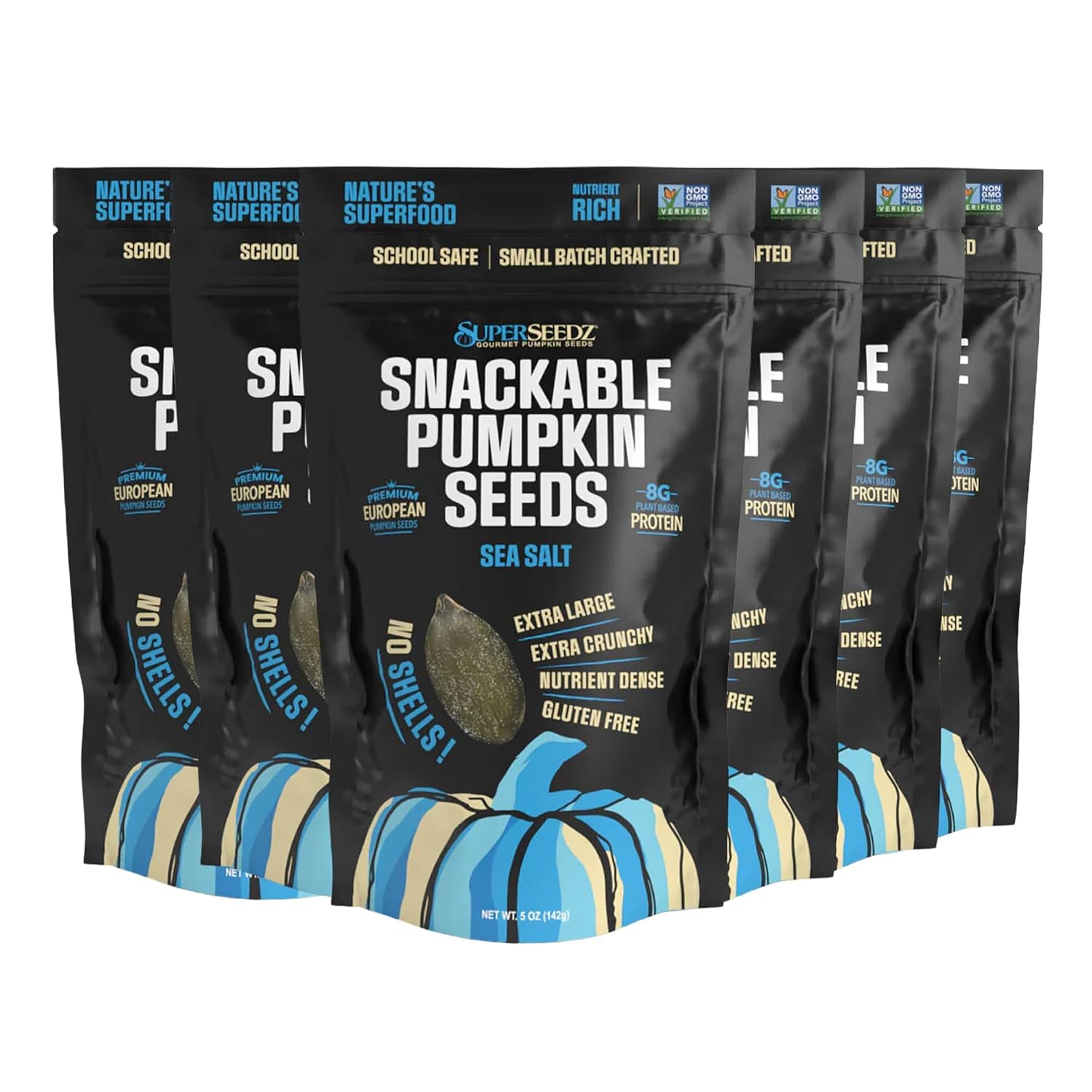 SuperSeedz Dry Roasted Pumpkin Seeds with Sea Salt w/8g Protein (5oz Bag) | Nn-GMO, Gluten-Free, Keto Snacks – Nut-Free & School Friendly Organic Pumpkin Seeds – Large European No Shell Pepitas