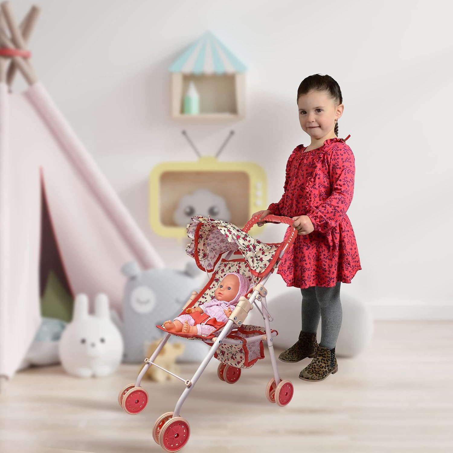 The New York Doll Collection My First Doll Stroller with Basket & Heart Design Foldable Doll Stroller, Pink
