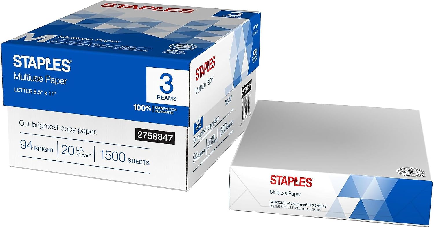 Staples Multipurpose Copy Paper, 8.5x11, 20lb, 94 Bright, 10 Reams/Carton | 5,000 white sheets total. Smooth finish reduces jams in copiers, laser & inkjet printers.