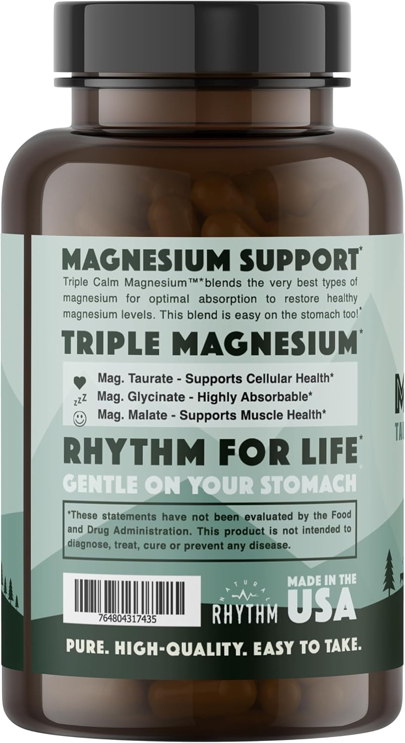 Natural Rhythm Triple Calm Magnesium Complex - 120 Capsules, Chelated Magnesium Glycinate, Taurate & Malate, High Absorption Supplement for Sleep, Stress, Muscle & Heart Support, Non-GMO, Vegan