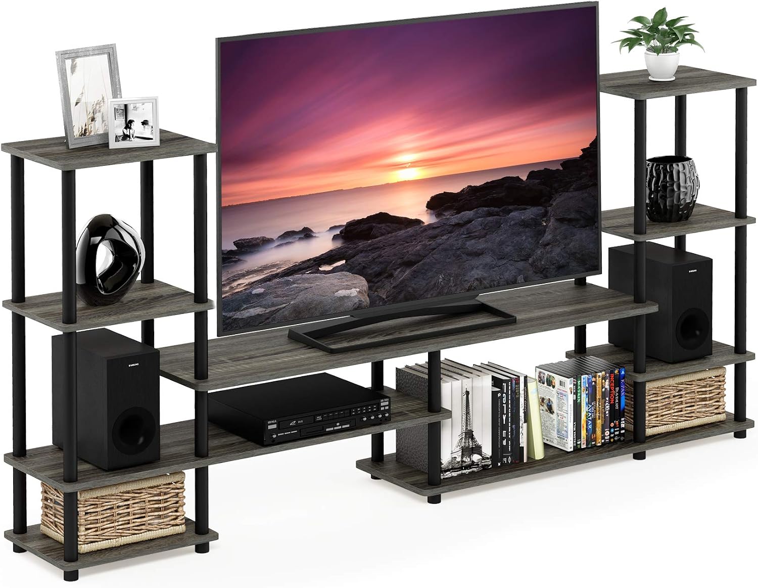 Furinno Nelly TV Stand, 3-Tier Entertainment Center with Open Shelves Storage, TV Console for TV up to 55 Inch, Soft Edges, for Living Room, Bedroom, Black