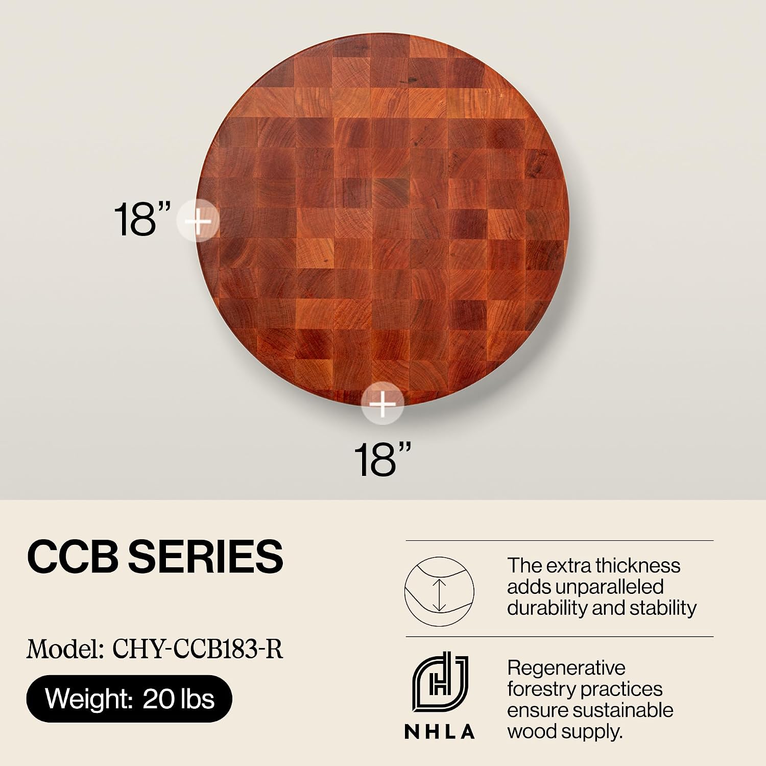 John Boos CCB Series Round Wooden Maple Cutting Board 18”x18” – 3” Thick, 22-lb Non-Reversible Butcher Block with End-Grain – Made in the USA