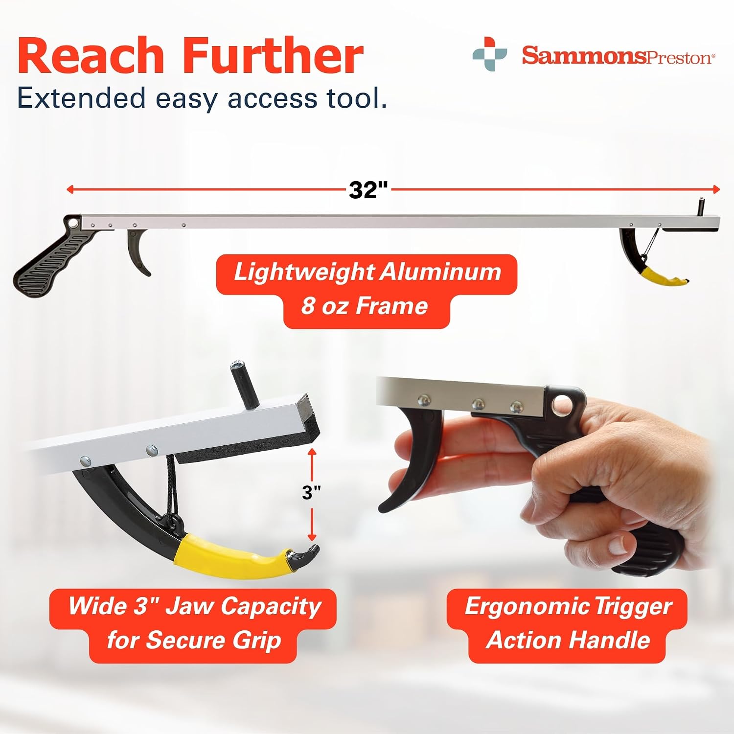 Sammons Preston Reacher, 32" Grabber Tool for Seniors, Magnetic Tip, Silver | Lightweight grabber reacher tool with magnetic tip, ergonomic grip and claw jaw, a reaching aid for seniors