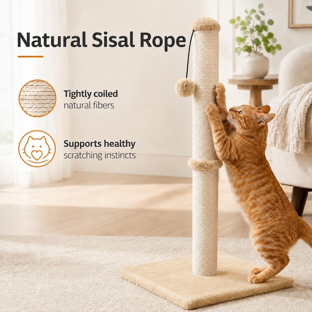Dimaka 29" Height Tall Cat Scratching Post, Claw Scratcher with Sisal Rope and Covered with Soft Smooth Plush, Vertical Scratch [Full Strectch] for Standard Size Cats(Grey, 29 inches for All Cats)