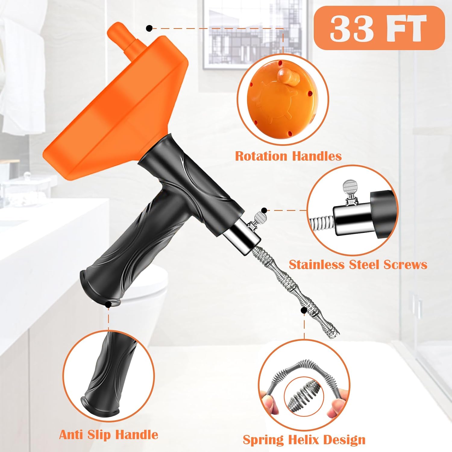 33 Feet Drain Snake Auger, Plumbing Snake Drain Hair Clog Removal Tool, Heavy Duty Toilet Snake Auger