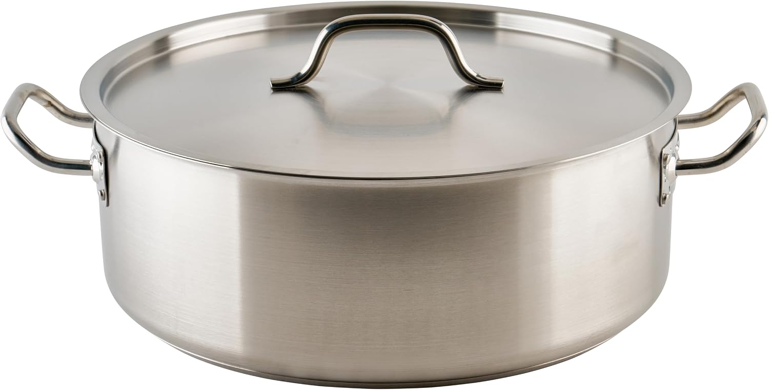Winco 15 qt Stainless Steel Brazier Pan with Lid | Flat bottom, Wide base, Riveted handles, Induction safe, Great for Braising, Simmering, Batch Cooking and Restaurant Kitchens