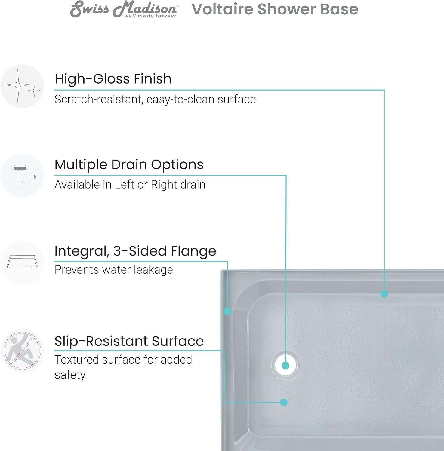 Voltaire 60" x 32" Single-Threshold, Right-Hand Drain, Shower Base in Gray