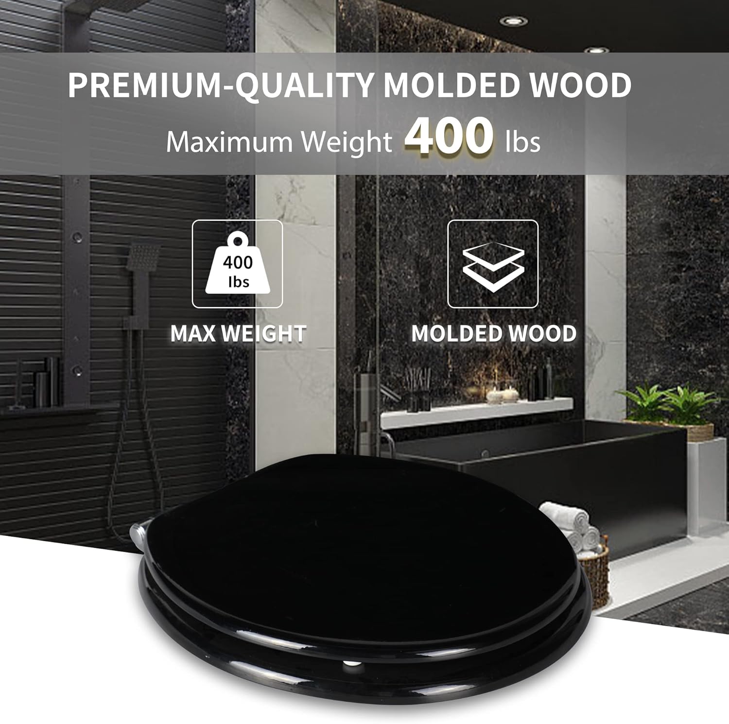 Angel Shield Toilet Seat with Zinc Alloy Hinges Quiet-Close Quick-Release Wood Molded UV Lid Easy Clean(Elongated,Black)