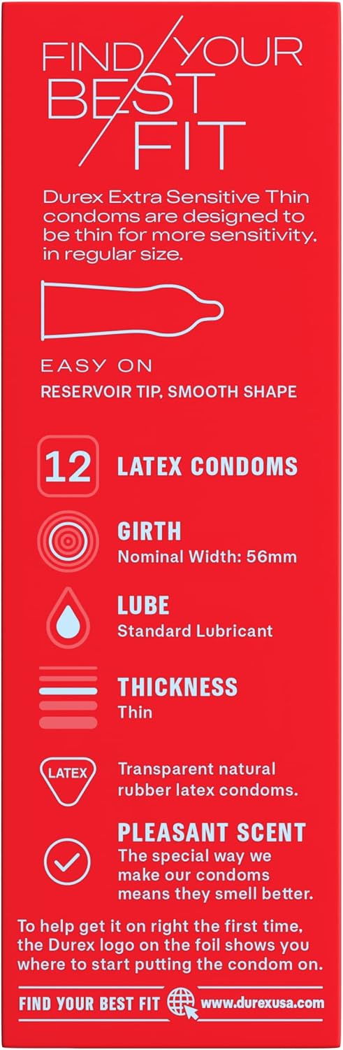 Durex Extra Sensitive Thin Condoms, Lubricated Latex Condoms for Men, 24 Count