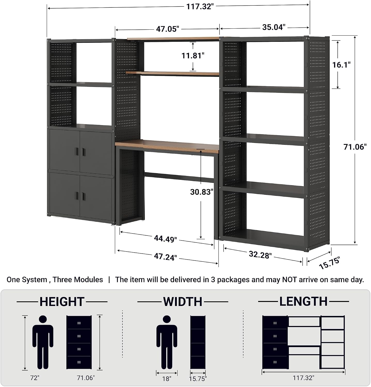 FLEXIMOUNTS 117"W Modular Garage Storage Cabinet with Workbench, Black | 6 Doors, 3700lbs capacity, Metal board shelf includes pegboard, 3-in-1 metal tool cabinet, 24-gauge steel, FLEXIMOD Series