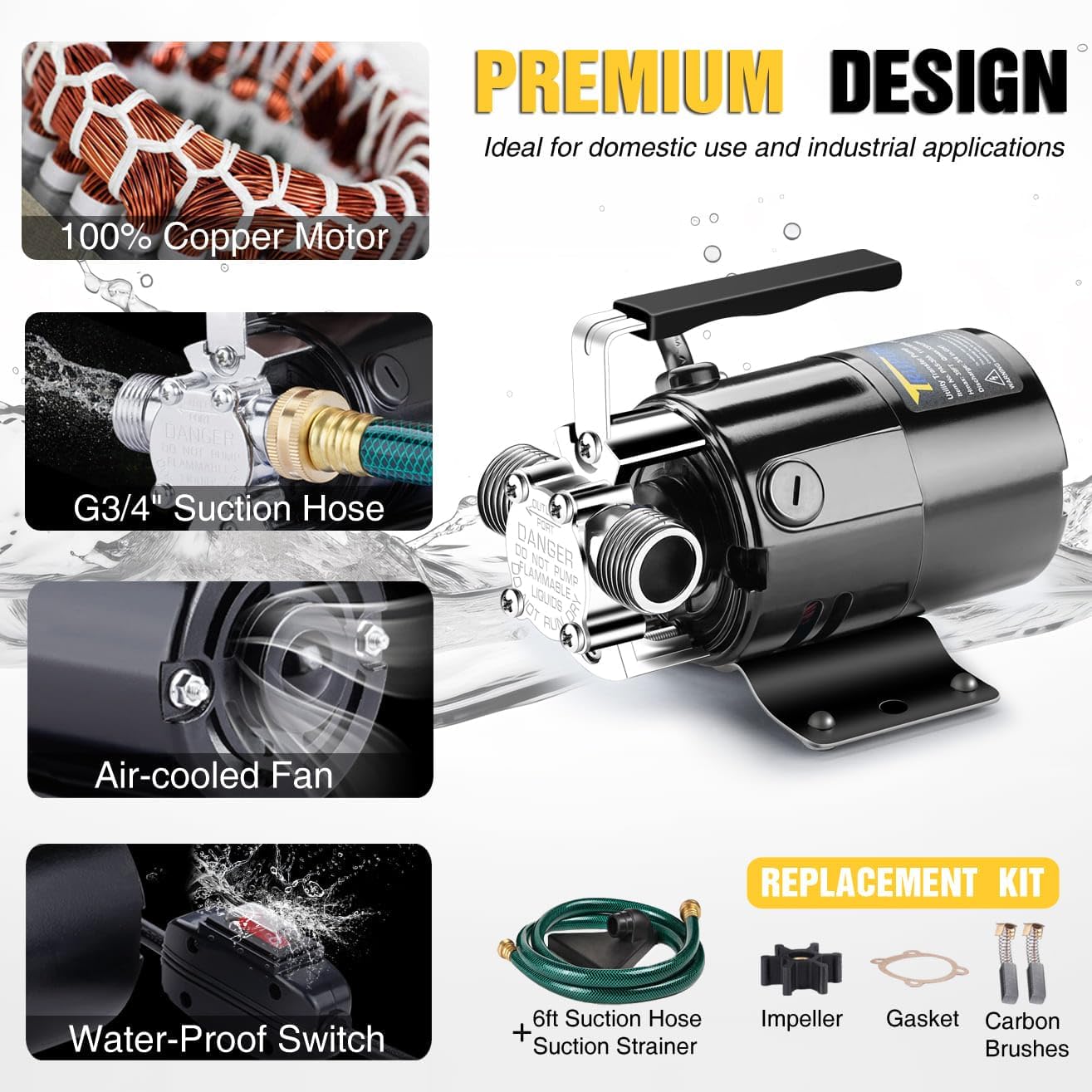 Water Transfer Pump, 115V 1/10HP 330GPH Electric Utility Water Pump with 6ft Water Hose Kit, Portable Small Water Pump For Pool Draining, Removing Water From Rain Barrel, Aquariums, etc.