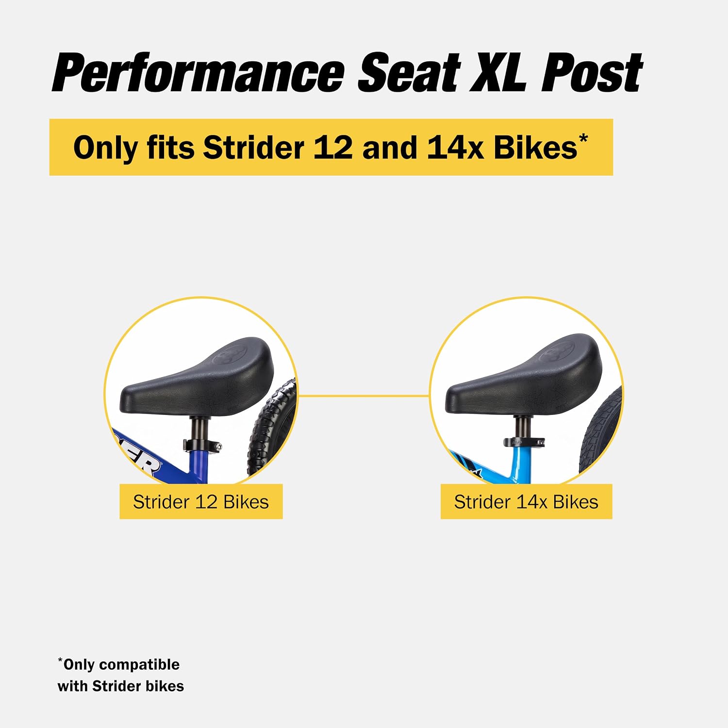 Strider Performance Seat with XL Post, Fits 12 and 14x Bikes, Inseam 15-19” | Ergonomic Performance Seat with XL Post for Extra Reach