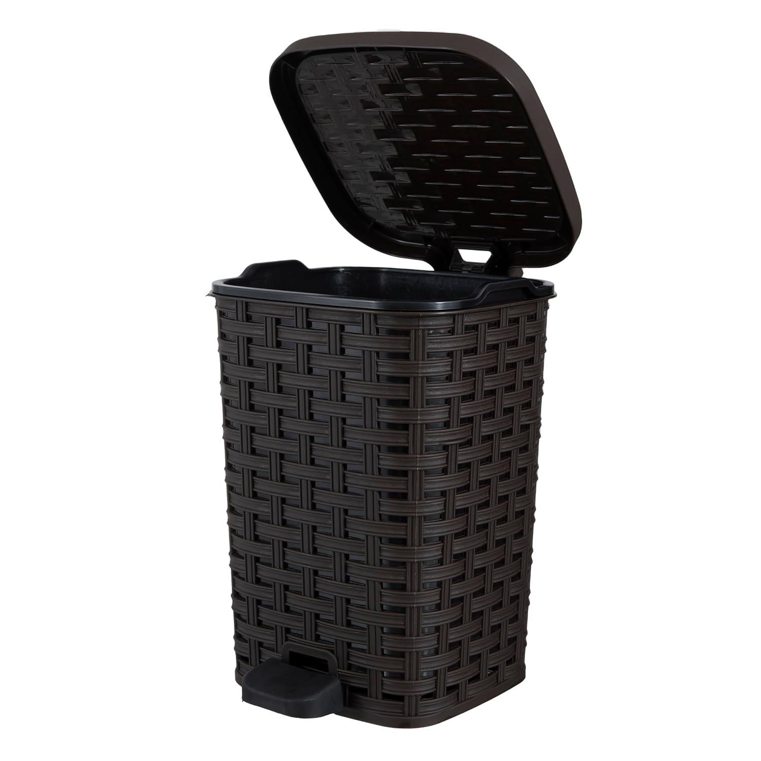 Superio Mini Trash Can with Foot Pedal Small Outdoor Garbage Can with Lid, 1.5 Gallon Plastic Waste Basket for Bathroom, Bedroom, Kitchen, Office, Patio (Wicker Brown 6 QT.)