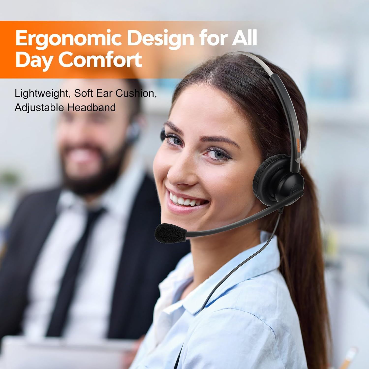 Lightweight Telephone Headset with 2.5mm Bottom Cable and Mute Button for Office Calls, Works with Cisco Polycom Panasonic Landline IP Desk Phones