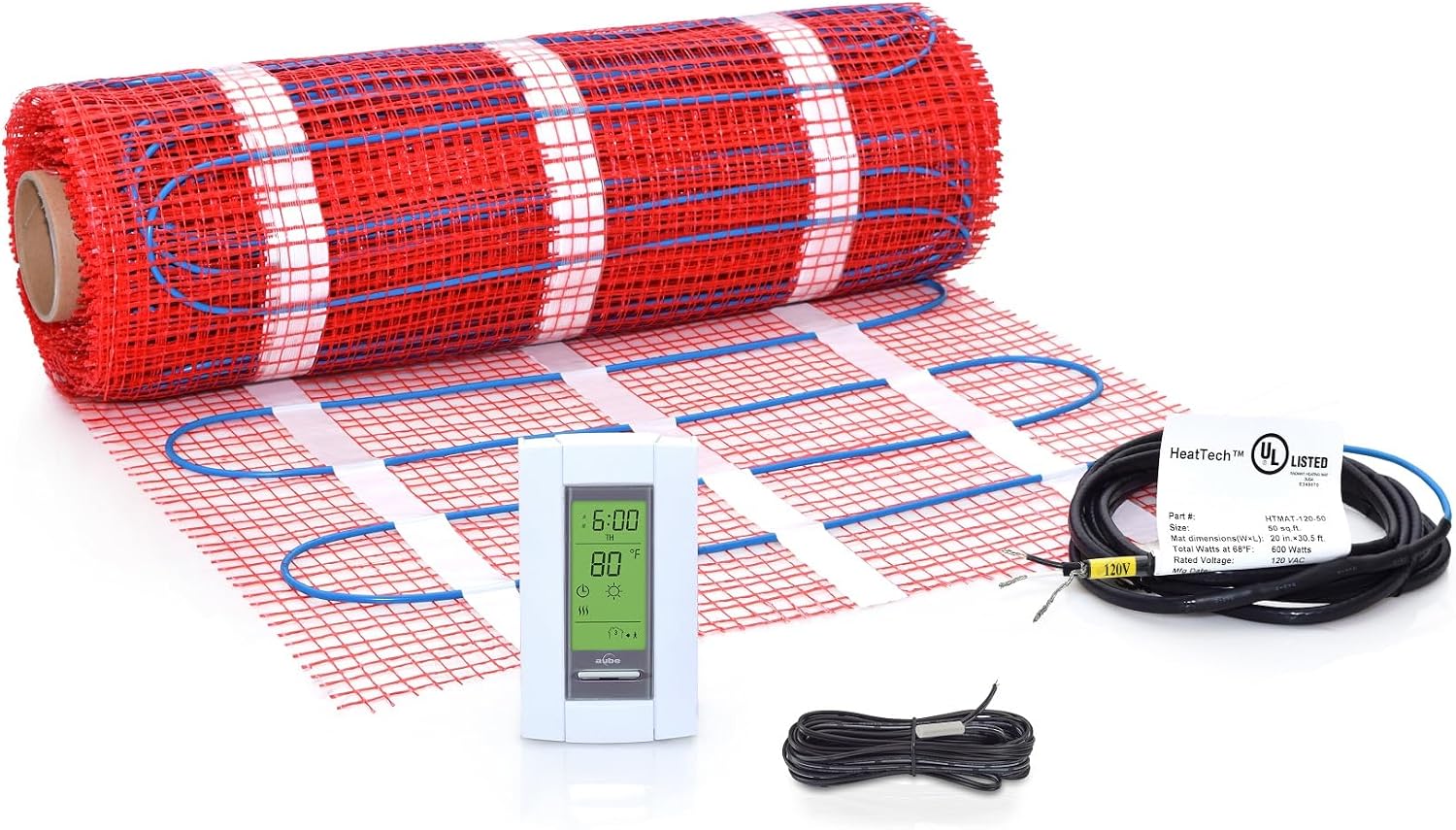 35 sqft Floor Heating Mat Kit, 120V Electric Radiant Floor Heat Heating Mat System with Adhesive Backing, Aube TH115-AF-120S Programmable Floor Sensing Thermostat w/Floor Sensor. Tile, Stone, Marble
