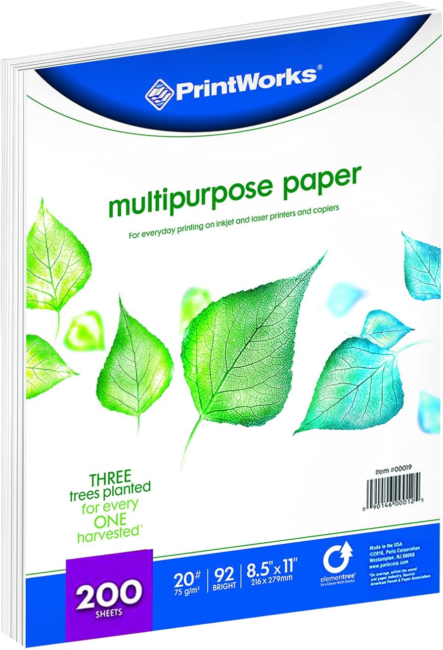 PrintWorks Multipurpose Paper, 20 Pound, 92 Bright, 200 Sheets, 8.5x11 Inches (00019), White