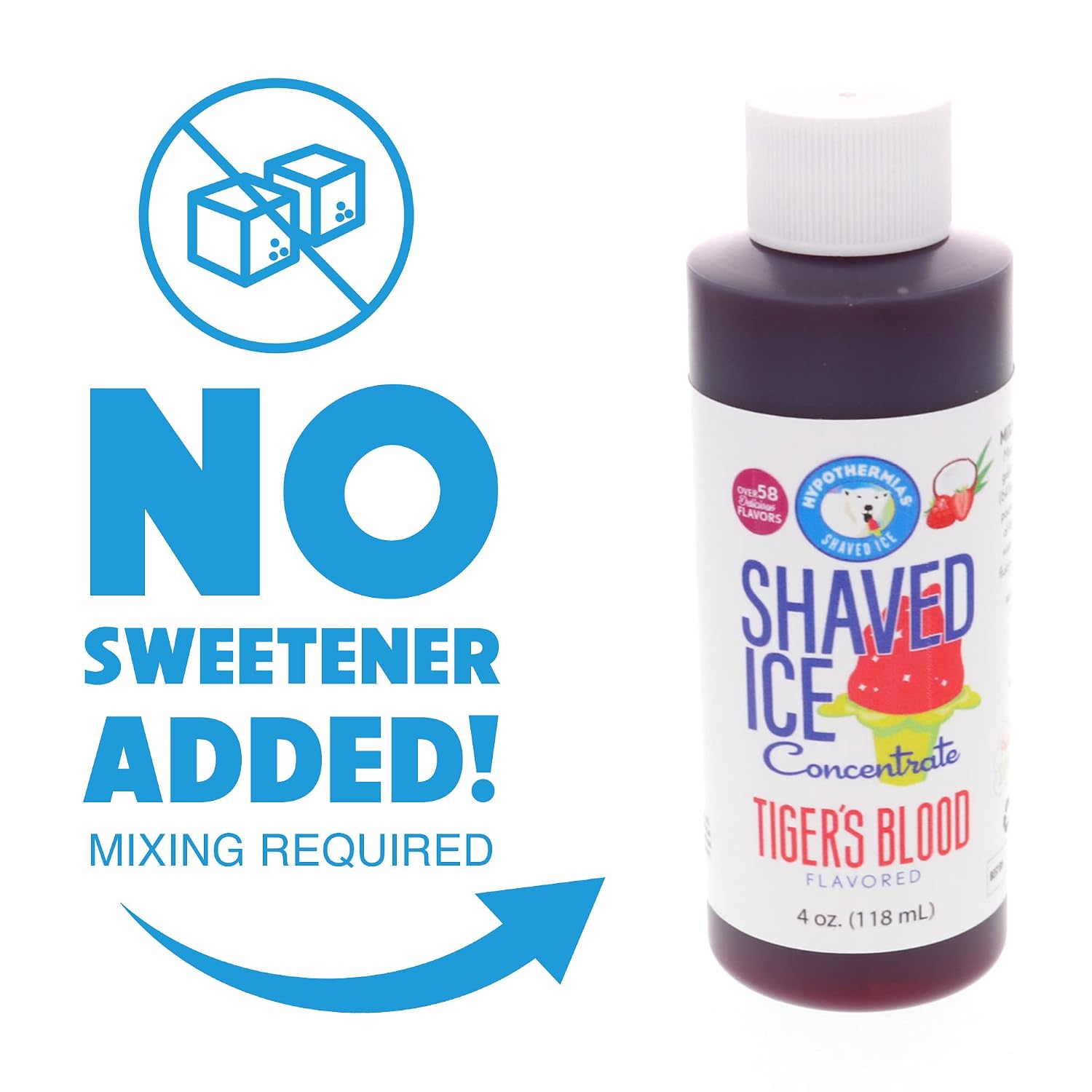 Hypothermias Shaved Ice and Snow Cone Syrup Unsweetened Flavor Concentrate - 4 Fl Oz - Makes 1 Gallon of Ready to Use Syrup - Tiger's Blood - Must