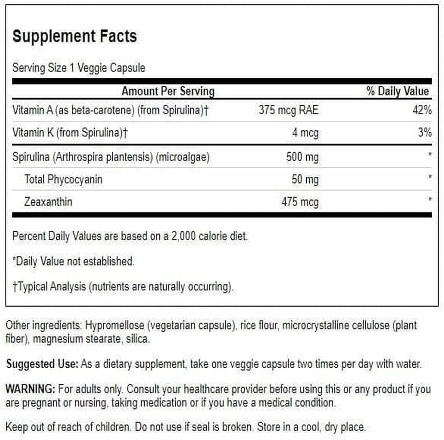 Swanson Std Spirulina Blue-Green Algae 10% Phycocyanin 500 Milligrams 90 Veg Capsules | Standardized for Phycocyanin