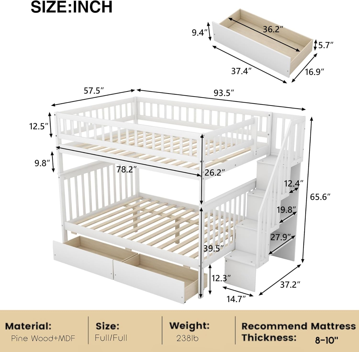 Bellemave Full Over Full Bunk Beds with Stairs Stairway Bunk Bed Frame with Storage Shelves for Teens Adult, Detachable Wood Full Bunk Bed, Gray
