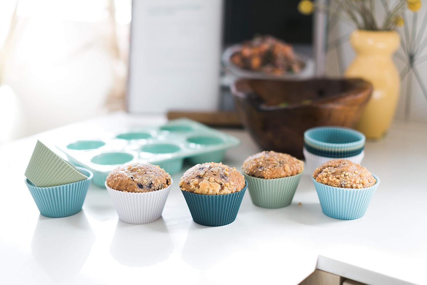 The Silicone Kitchen Reusable JUMBO Silicone Baking Cup, Non-Toxic, BPA Free, Dishwasher Safe, Jumbo, 12 Pack, White Blue Green