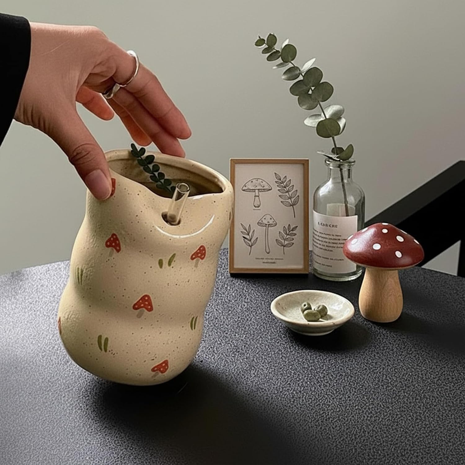 Thenshop Ceramic Coffee Mug with Sip Hole Espresso Cup 13.5oz Modern Coffee Cup Elegant Pottery Mug with Timber Design for Kitchen Dining Tea Milk