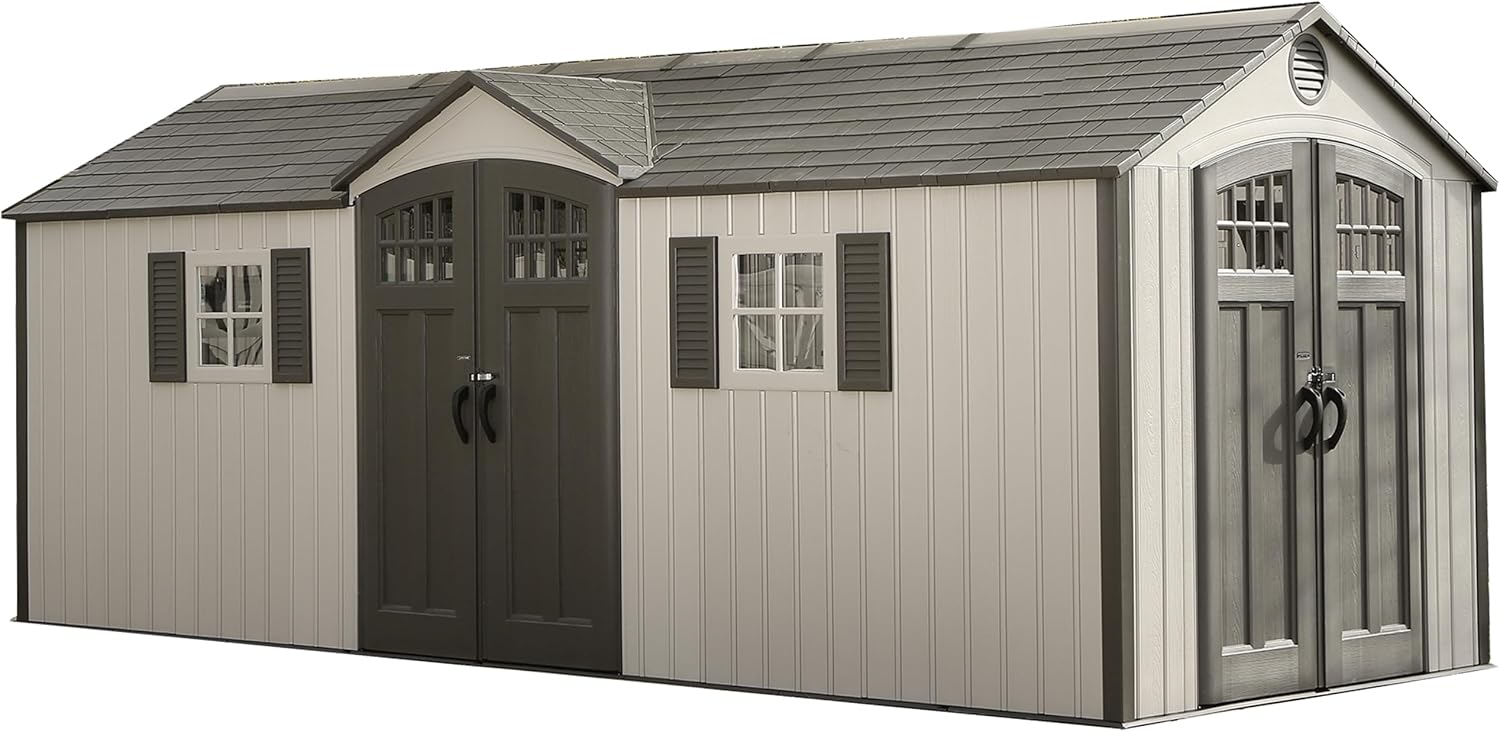 Lifetime 20 x 8 Ft. Outdoor Storage Shed with Steel Reinforced HDPE Walls, Lockable Doors, Windows, Skylights, Adjustable Shelving