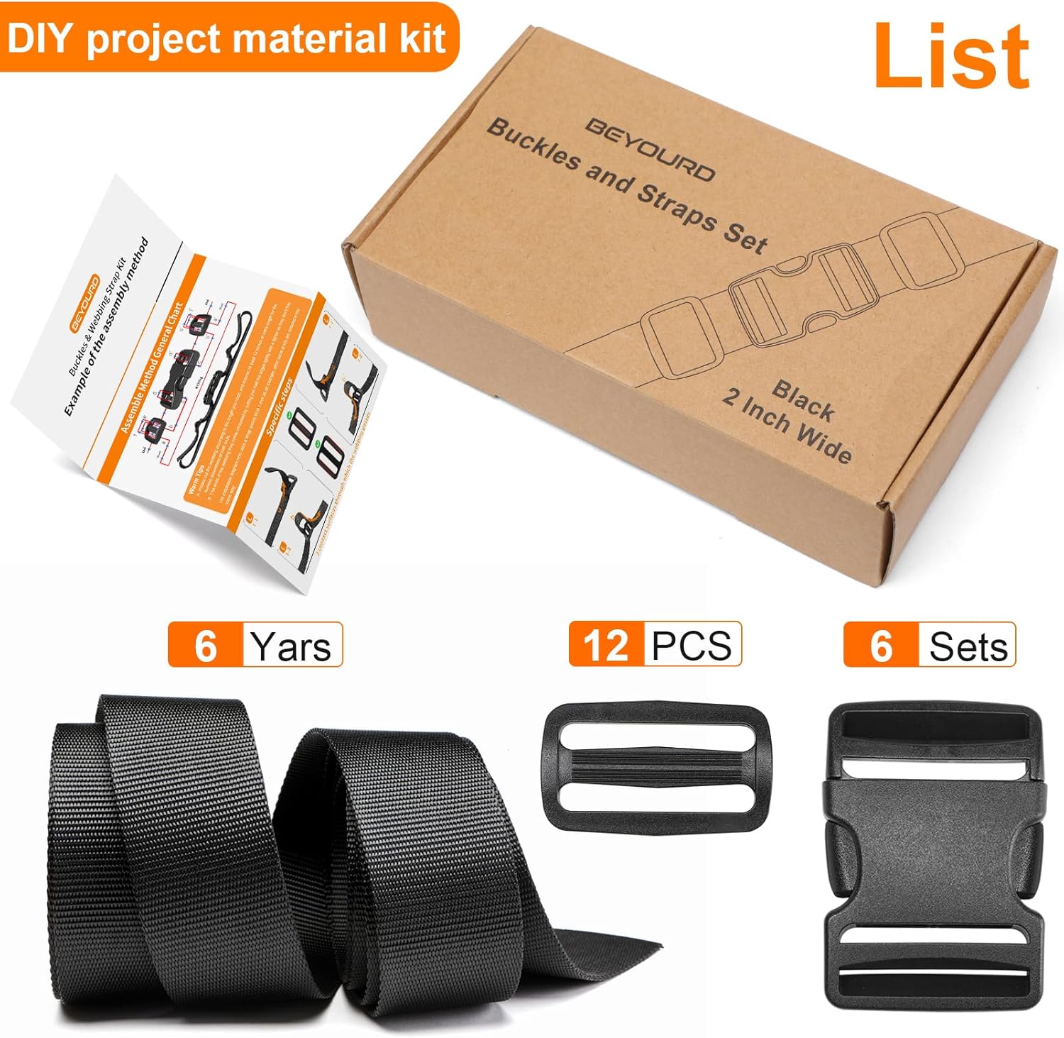 BEYOURD Buckles and Straps Set 1": 6 Yards of Thick Nylon Webbing, 6-Pack Heavy Duty Adjustable Quick Side Release Plastic Buckles