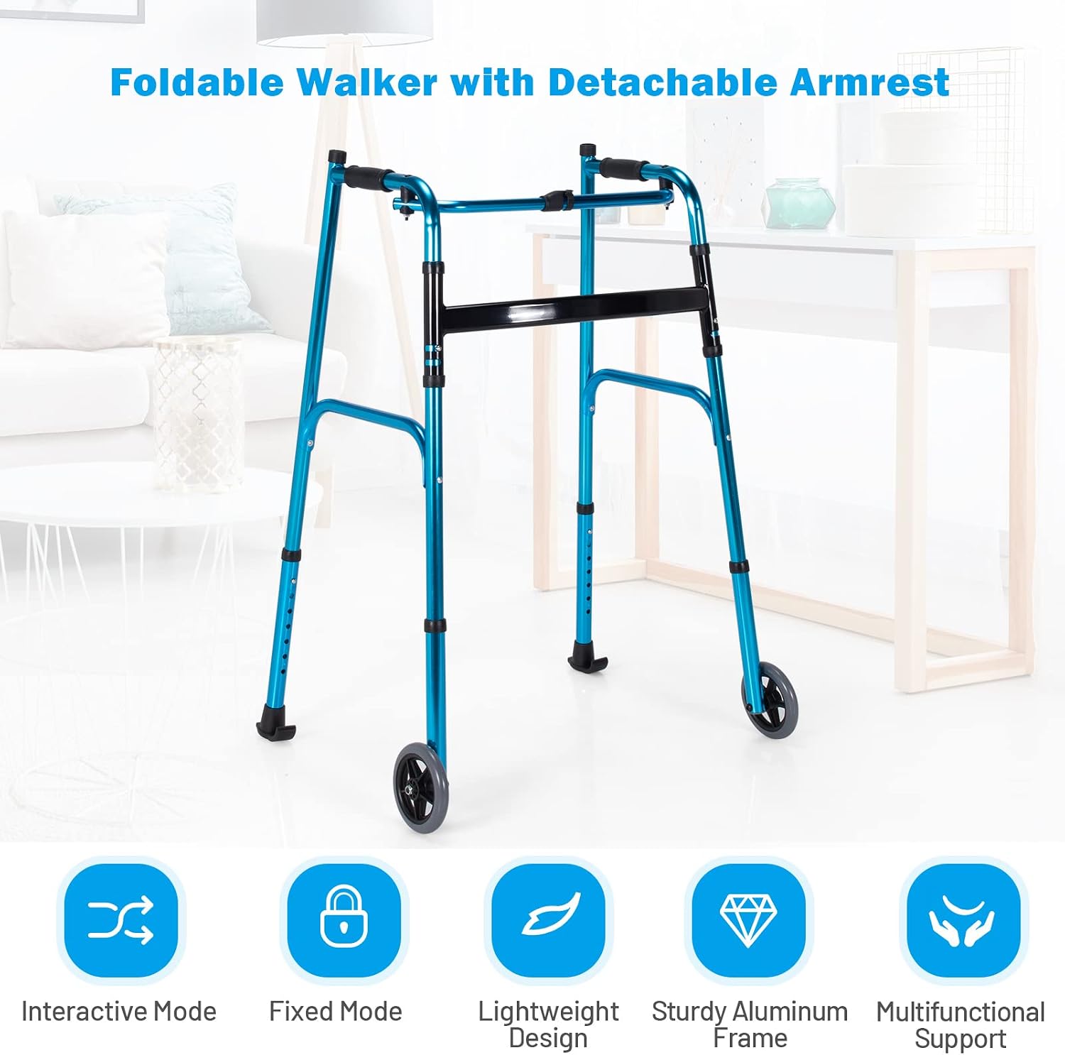 Goplus Walkers for Seniors, Foldable Standard Walker with 5’’ Wheels and Removable Padded Armrests 220lbs, Lightweight Walking Mobility Aid