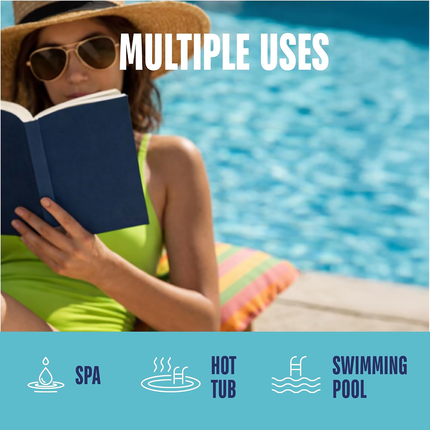 Pool Test Strips for Pools and Spas - 7 in 1 Water Test 100 Pack | Includes 100 pool test strips that measure chlorine, bromine, pH, alkalinity, hardness and cyanuric acid in 30 seconds.