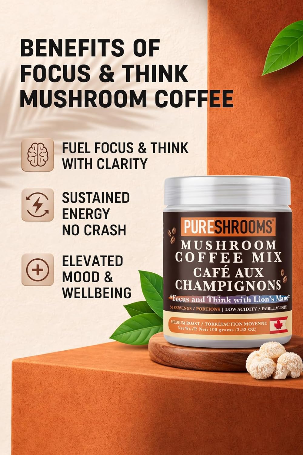 PureShrooms Mind & Body Mushroom Coffee - Instant Colombian Arabica with Organic Lion’s Mane, Reishi & Cordyceps - Low Acidity Nootropic Superfood Beverage for Focus & Vitality, 35 Servings/70g