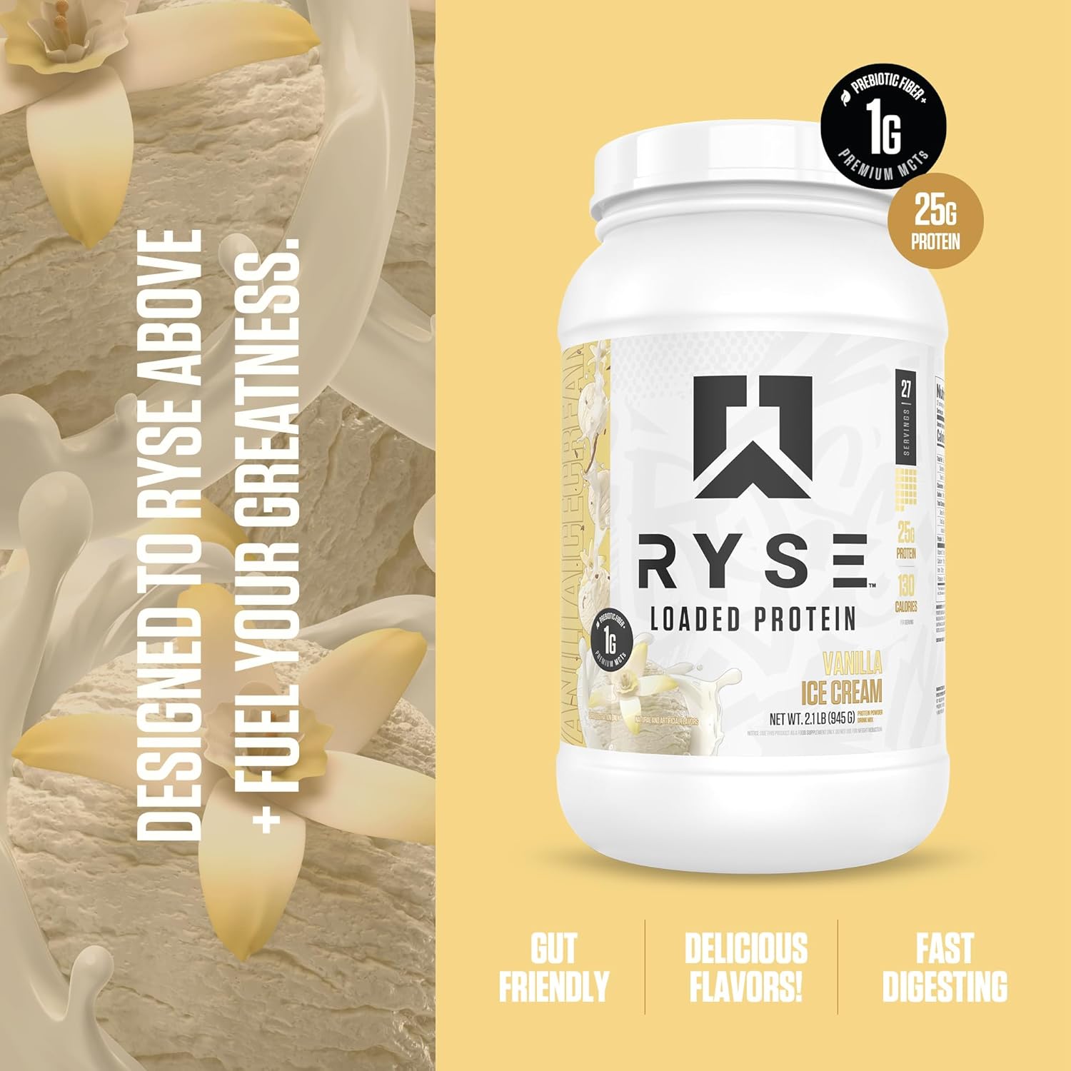 RYSE Loaded Protein Powder - Peanut Butter Cup - 25g Whey Protein Isolate & Concentrate with Prebiotic Fiber & MCTs - Low Carb, Low Sugar