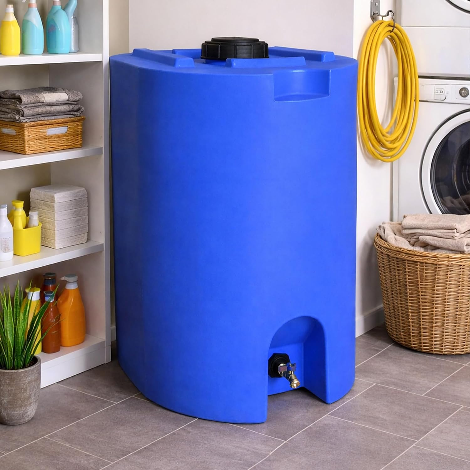 WaterPrepared 55 Gallon Unique Stackable Utility Water Tank, Blue | Emergency Water Storage Tank with Large Cap and Spigot for Easy Filling