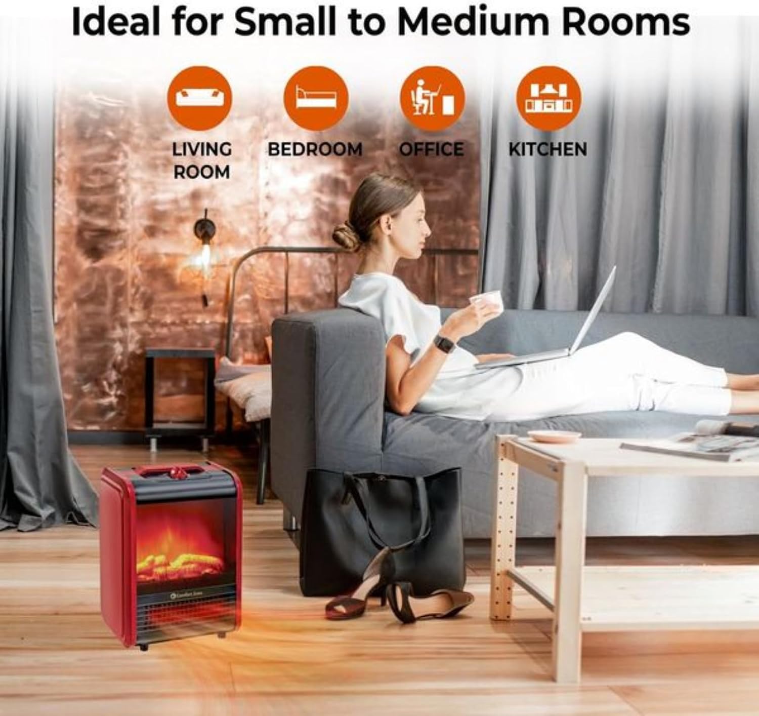 Comfort Zone Electric Mini Fireplace Space Heater with Realistic 3D Flame, Stay-Cool Body, Carry Handle, Overheat Sensor, and Safety Tip-Over Switch, Ideal for Home, Bedroom, & Office, 1,200W, CZFP1