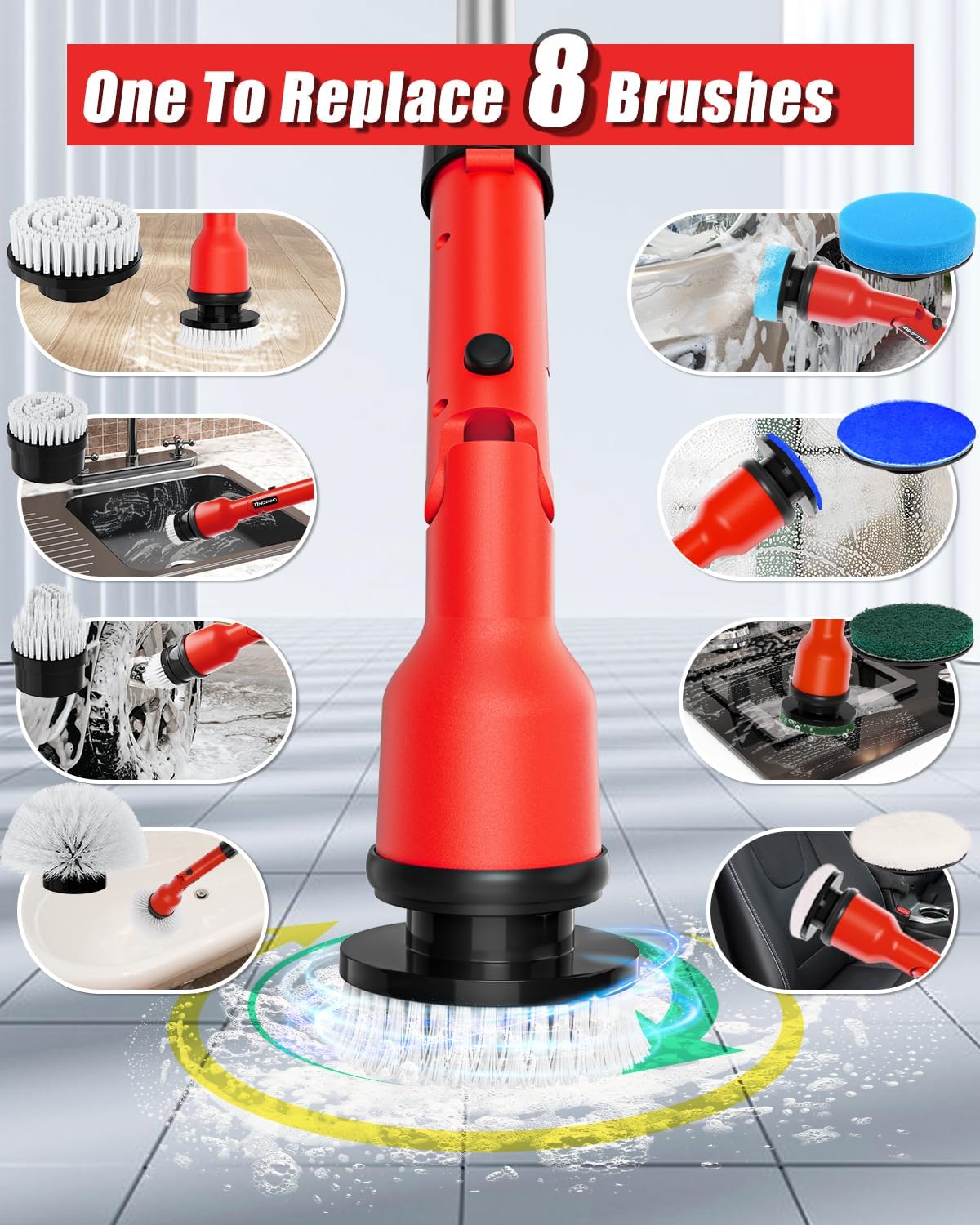 Uniqwamo Electric Spin Scrubber Compatible for Milwaukee 18V Battery | 1000 RPM Battery Powered Scrubber with Adjustable Extension Arm & 8 Brushes &