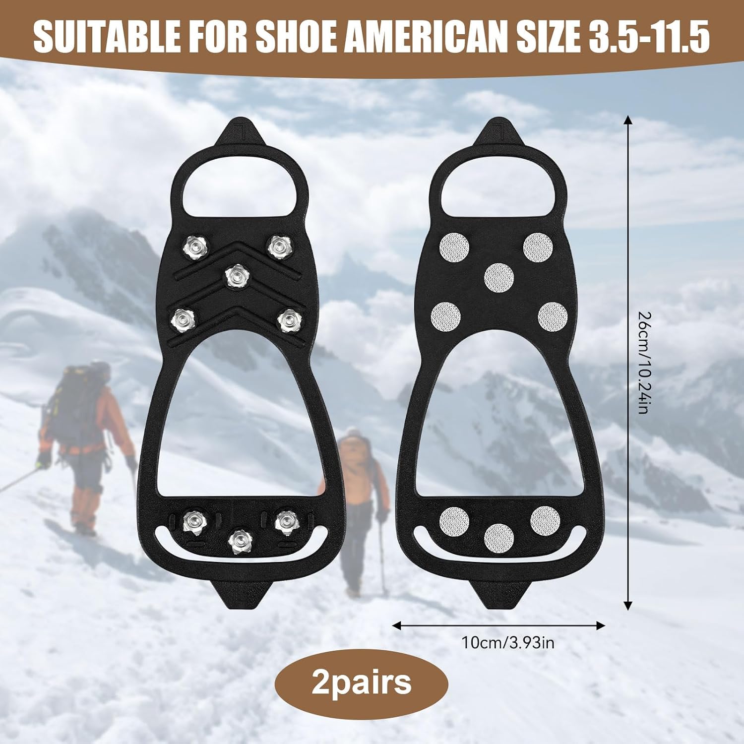 2 Pairs Ice Cleats for Shoes and Boots, 8 Steel Gripper Spikes Non-Slip Traction Cleats, Micro Shoe Snow Grips Crampons for Winter Hiking, Walking