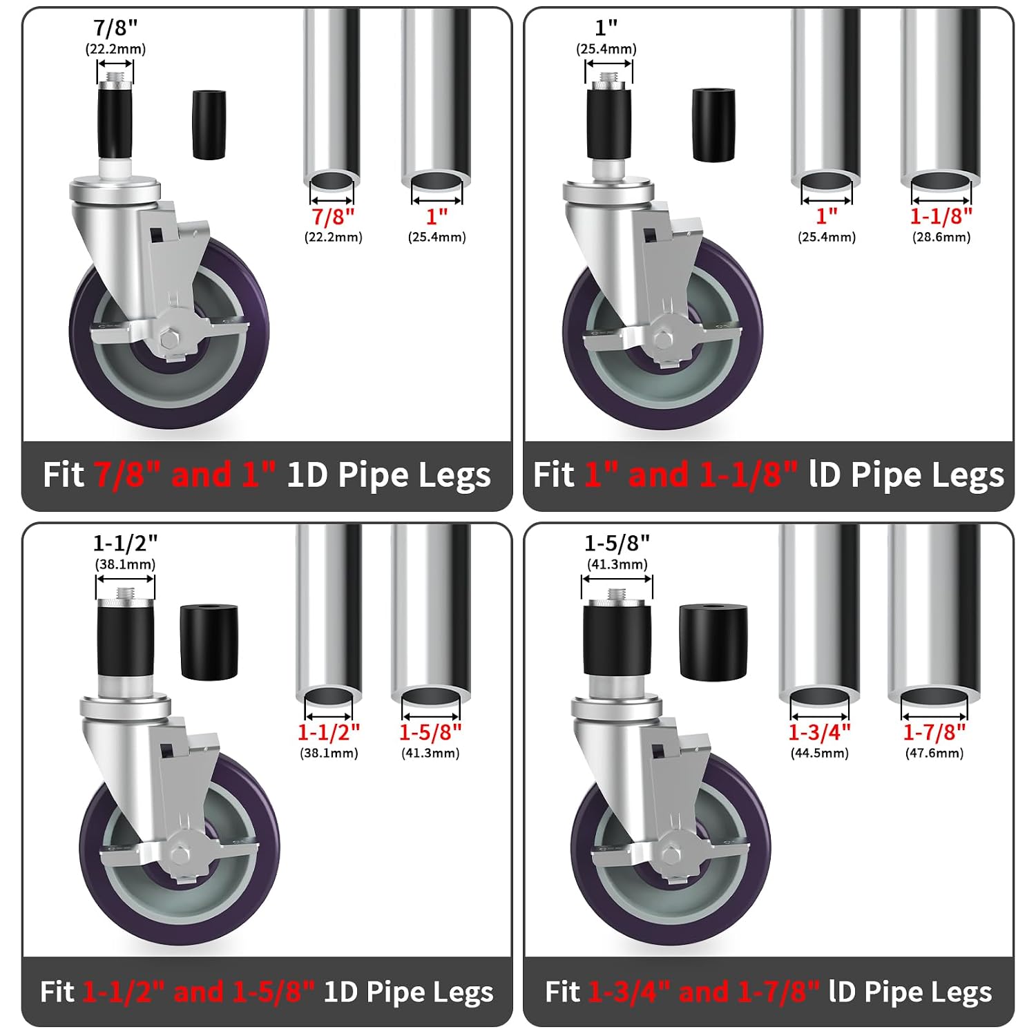 4 Inch Expanding Stem Caster Set of 4 for Stainless Steel Table