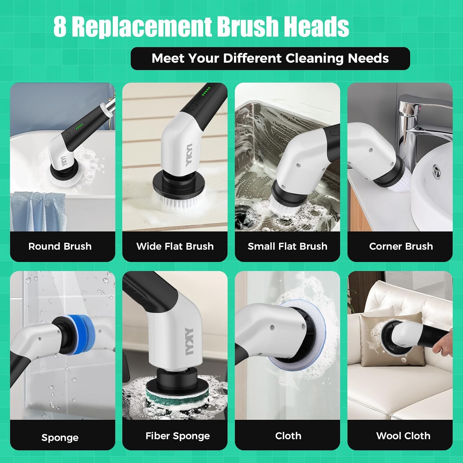 YKYI Electric Spin Scrubber, Cordless Power Cleaning Brush with Long Handle | 8 Brush Heads, 3 Handle Lengths, 2 Speeds, IPX7 Waterproof