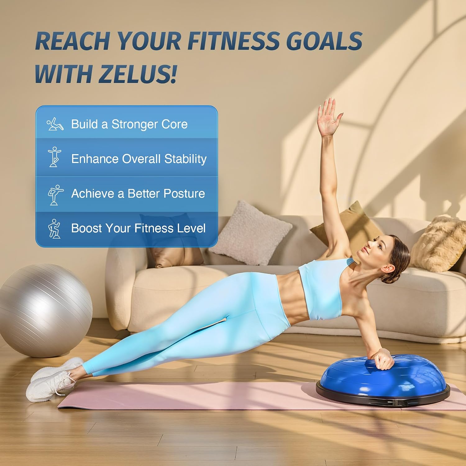 ZELUS 25in. Balance Ball | 660lb Inflatable Half Exercise Ball Wobble Board Balance Trainer w Nonslip Base | Half Yoga Ball Strength Training