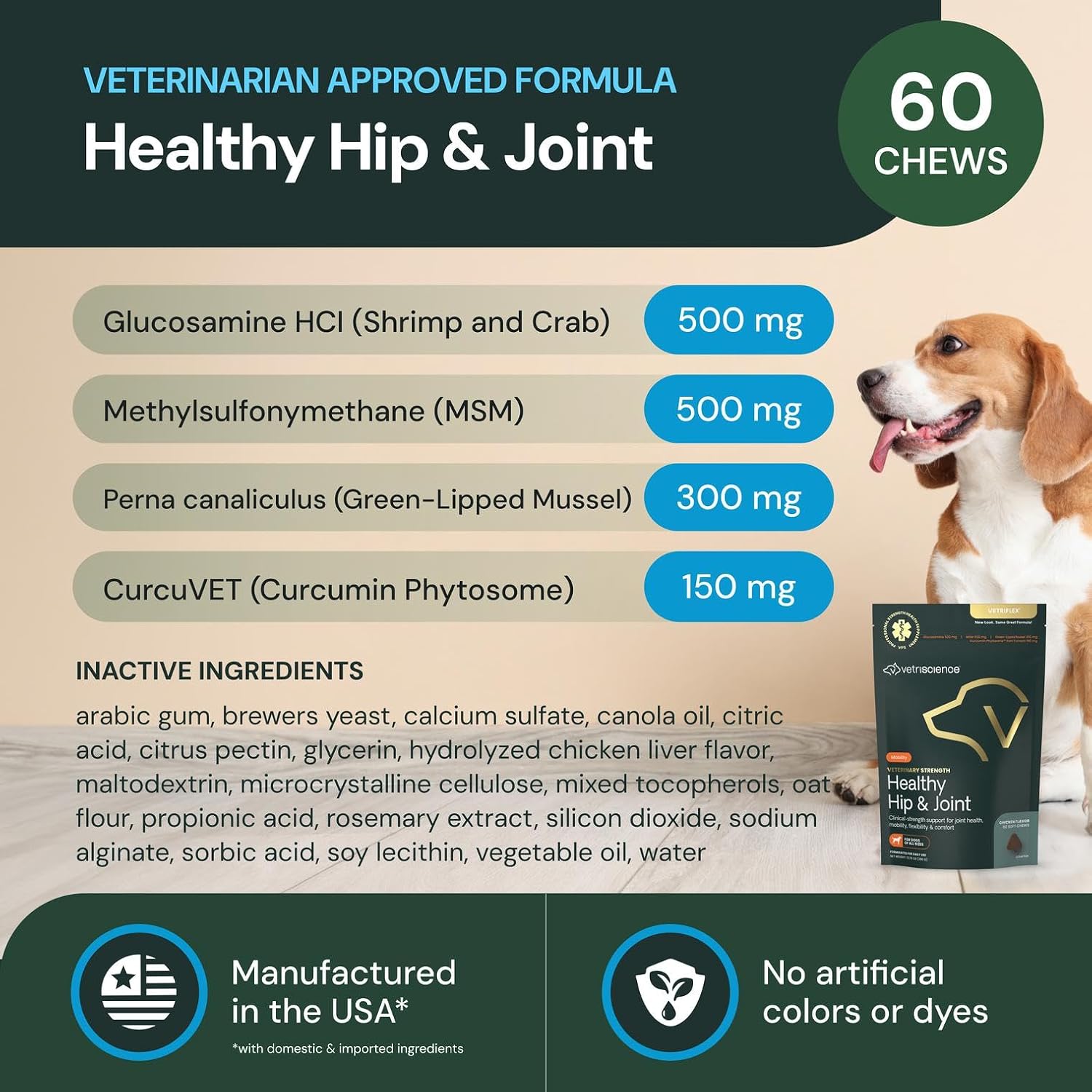 VETRISCIENCE Veterinary Strength Healthy Hip & Joint Chews - Joint Health Supplement for Dogs - Supports Mobility & Flexibility - 60 Count