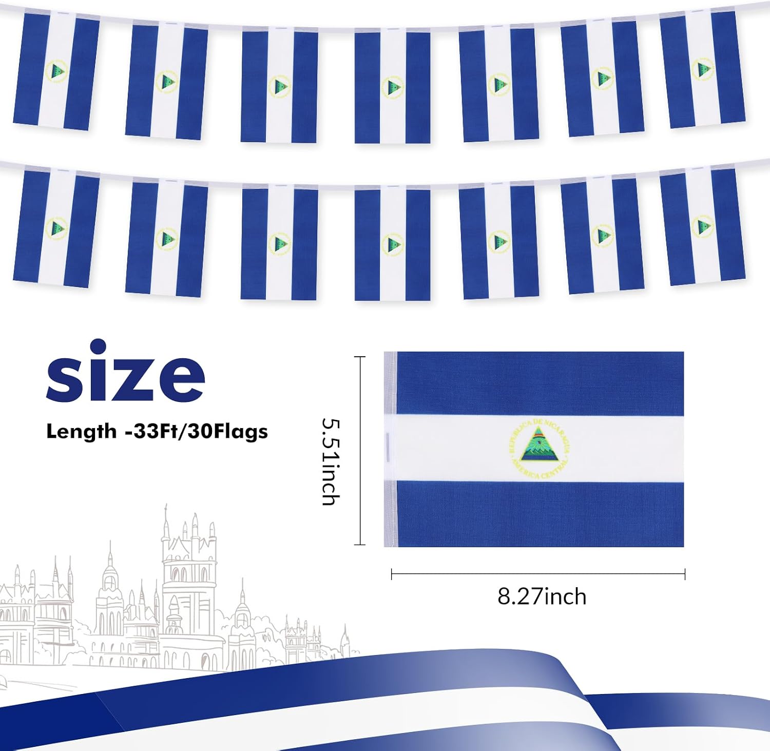 Nicaragua Flag Banner, Small Mini Nicaraguan Flags Patriotic Decoration for Party, Classroom, Sports Events, 33 Feet 30 Flags