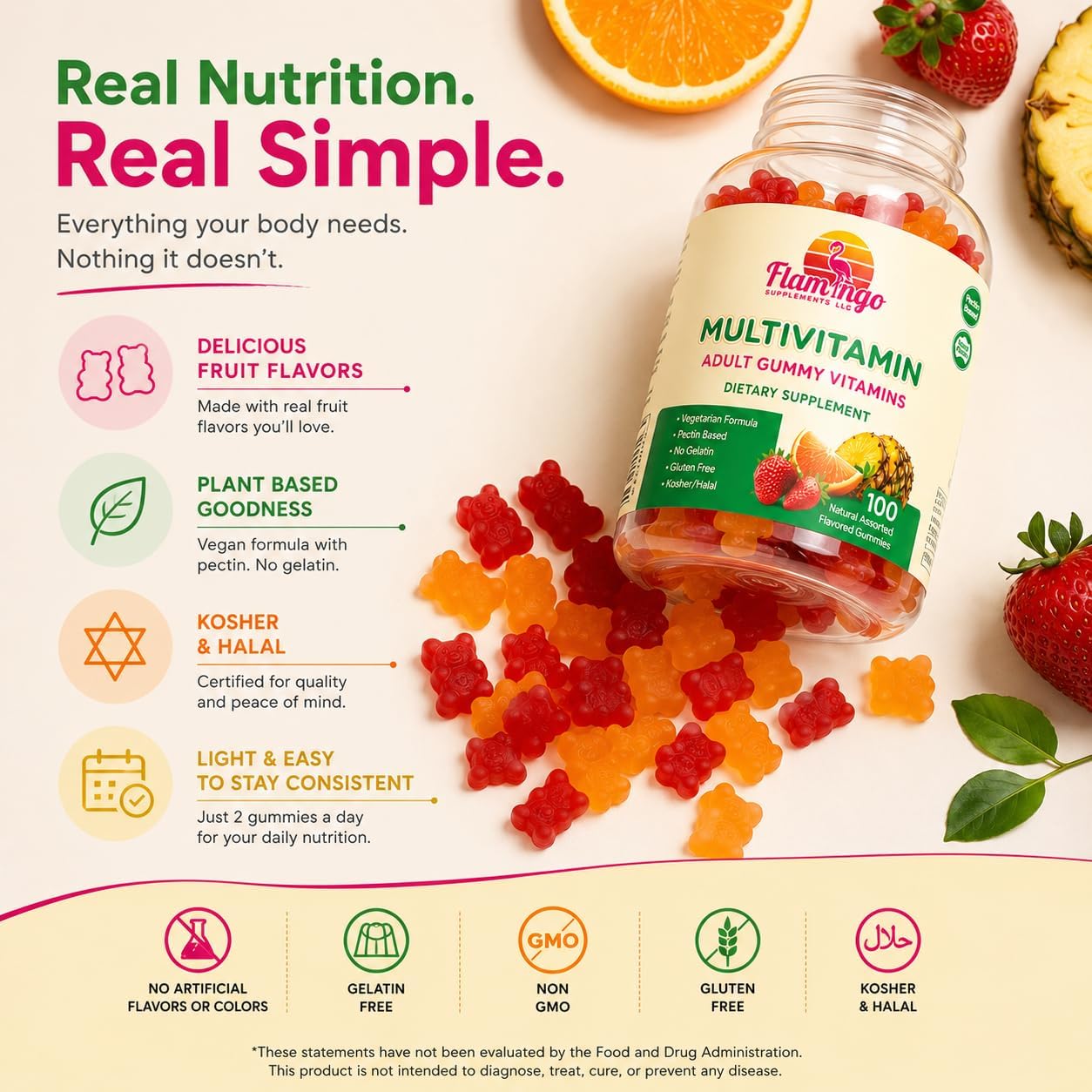 Flamingo Supplements Multivitamin Gummies | Vegan Friendly, Kosher Halal NO Gluten or Gelatin, no GMO| for Men
