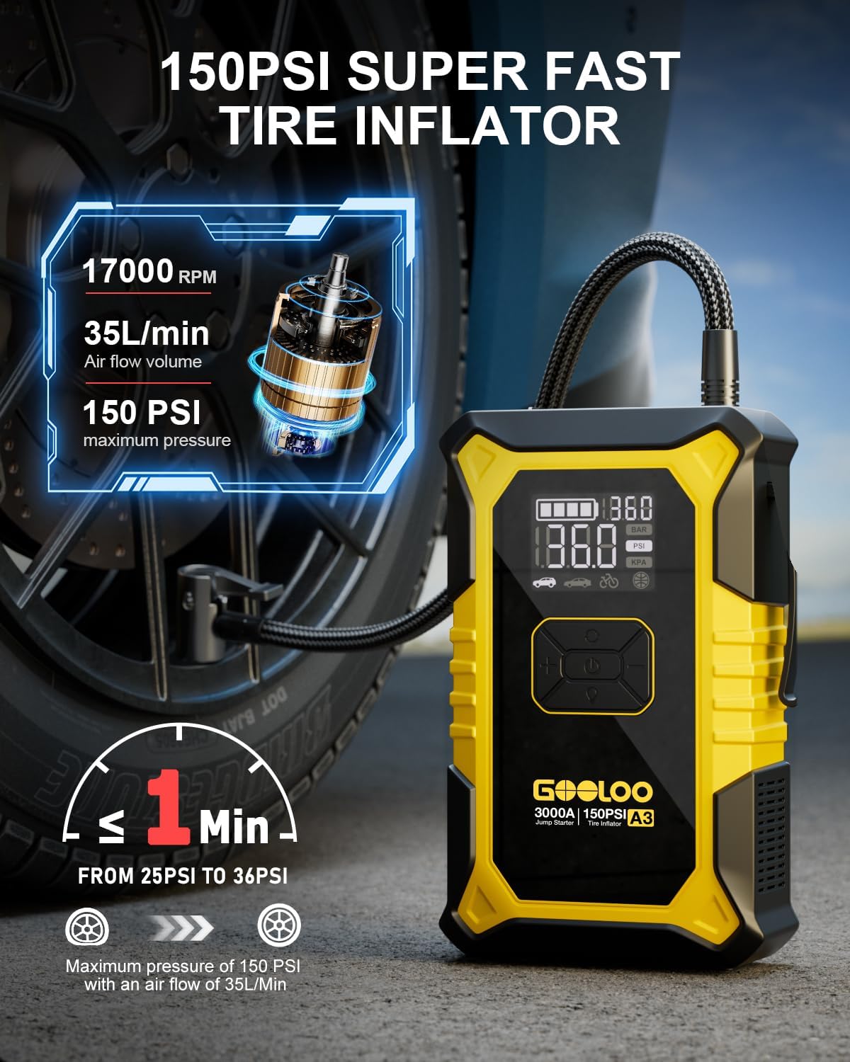 GOOLOO A3 12V 3000A Portable Jump Starter with Air Compressor | Supersafe Car Battery Booster Pack (9L Gas/6.5L Diesel) - BOOST for Dead Battery - 150 PSI Auto-Off Tire Inflator - LED Light