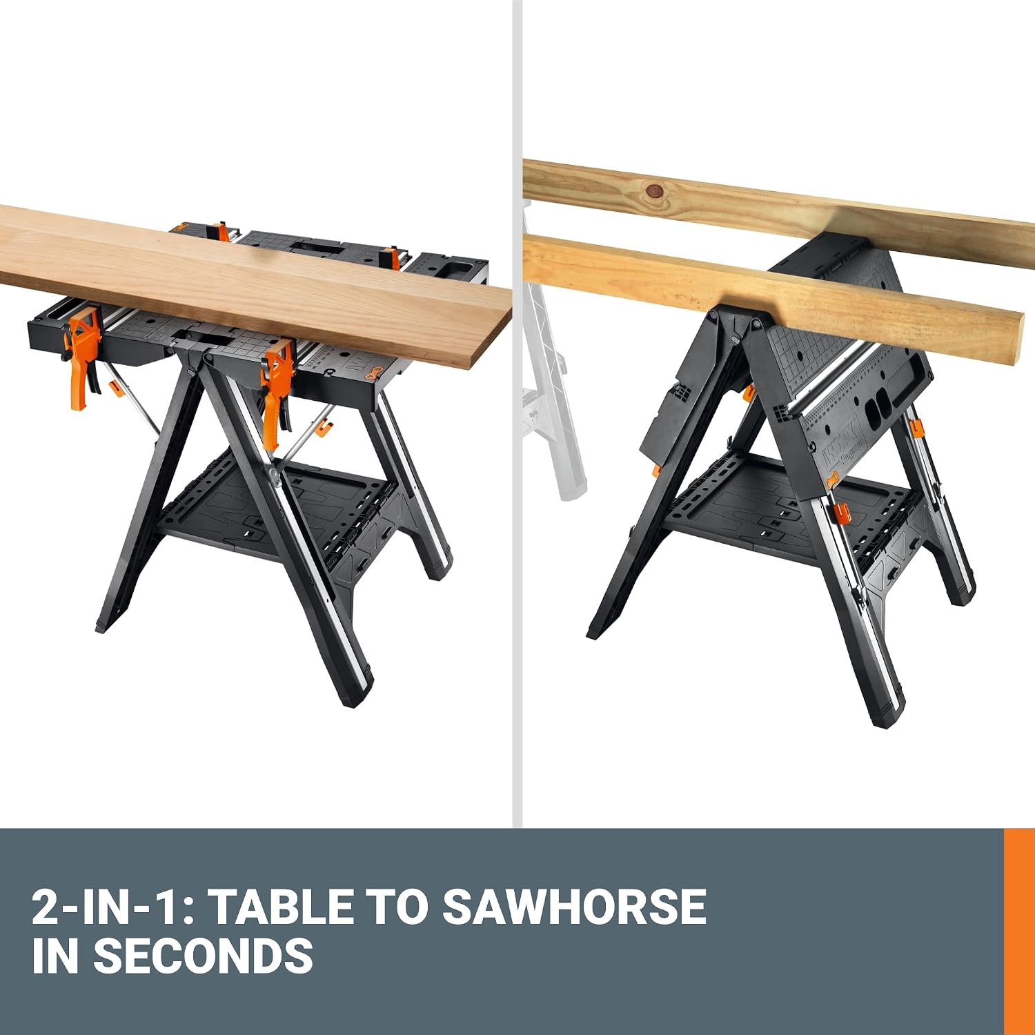 WORX Portable Folding Workbench, 2-in-1 Pegasus Table & Sawhorse, WX051 | 31"×25"×32" dimension, heavy load capacity, fast setup, includes 2 clamps & 4 clamp dogs, lightweight portable design