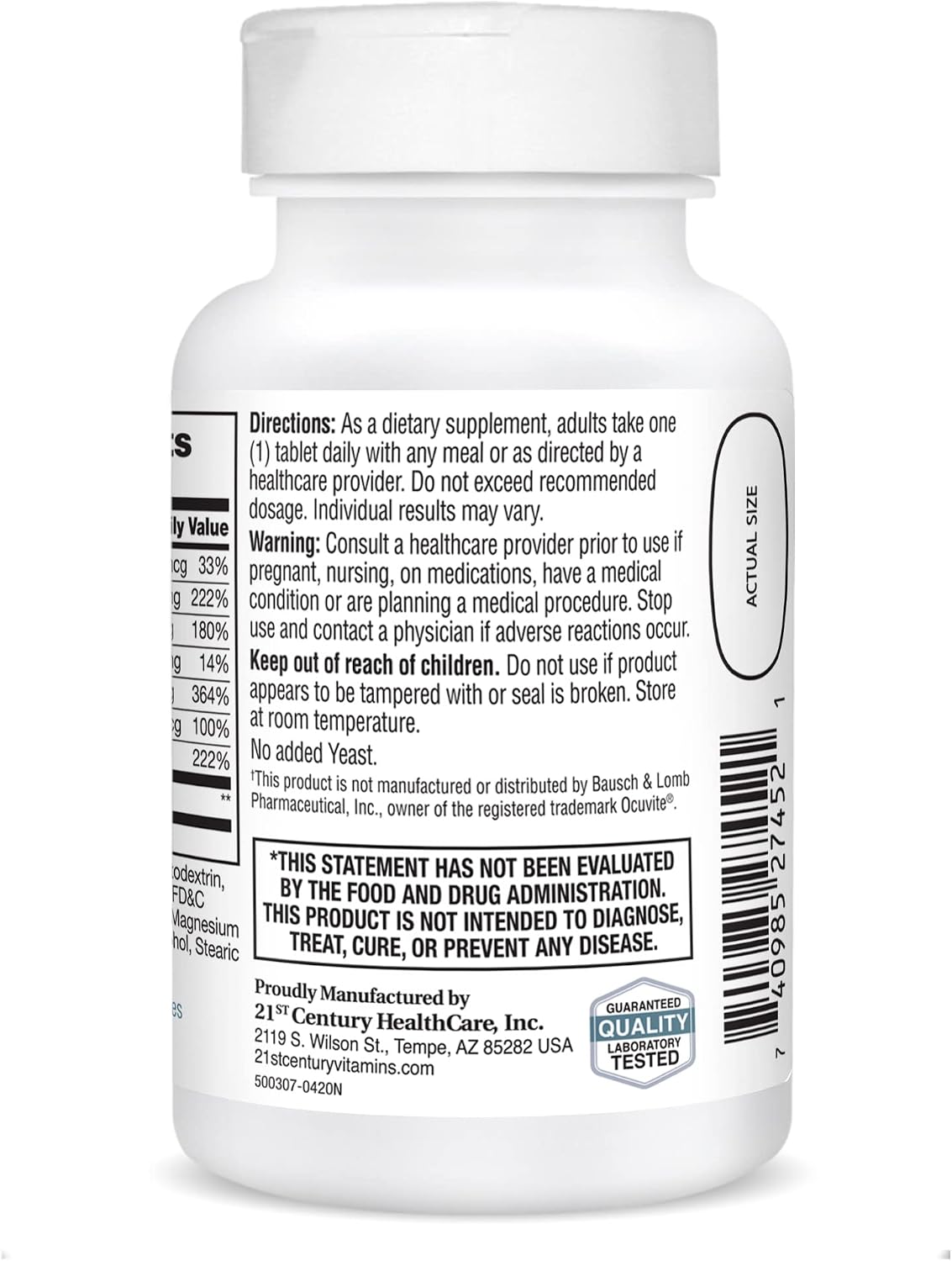 21st Century Healthy Eyes with Lutein Vision Support Tablets, 60 Count | Eye Vitamin with Lutein Plus Antioxidants A, Compare VS. Ocuvite® with Lutein, C, E, Zinc, Vision & Eye Health Support