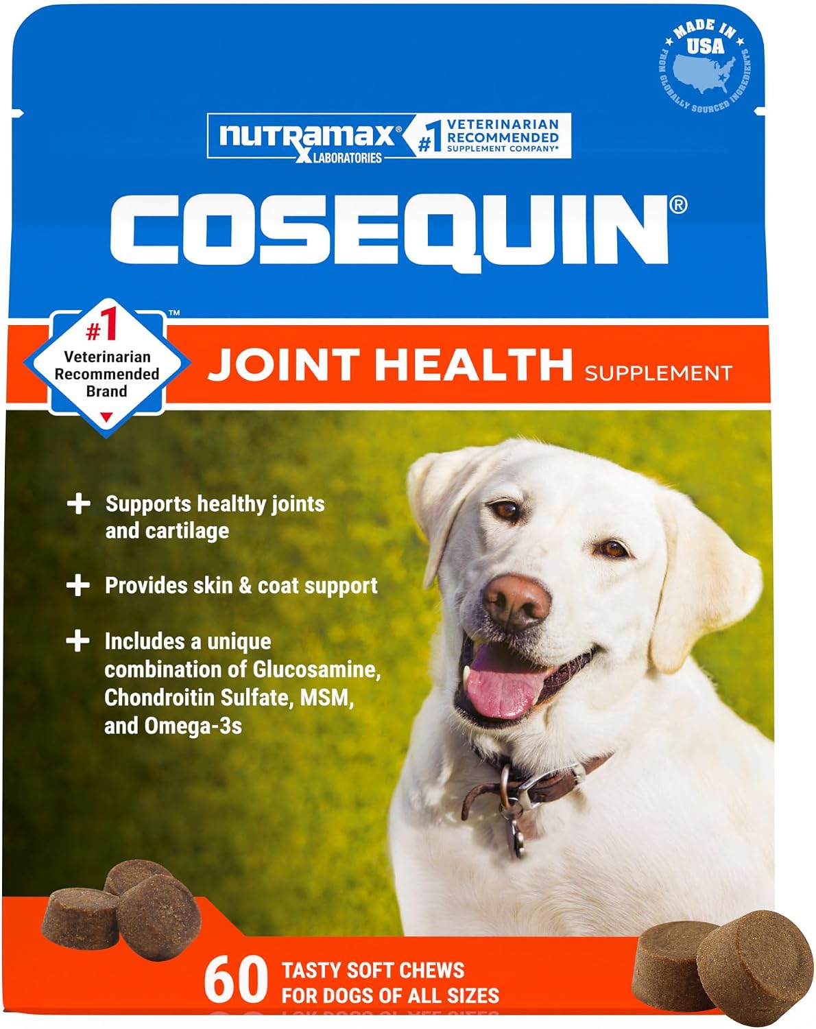 Nutramax Cosequin Dog Joint Supplement, Skin & Coat, Soft Chews, 60ct | Glucosamine & Chondroitin for Dogs with MSM, Omega-3s, Supports Joints